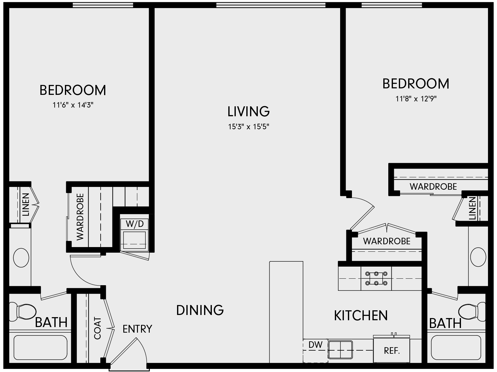 Floor plan for 2 beds, 2 baths, 1185 sqft
